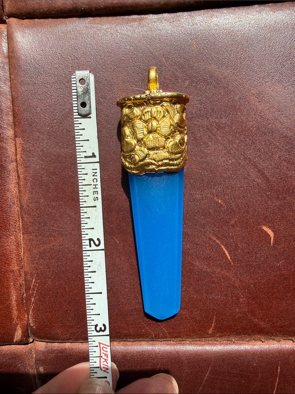 18K Gold overlay Floral Cap vivid Blue hydro quartz long point pendant NWOT